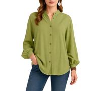 Women's Cotton Linen Long Sleeve Button Down Shirt Casual Loose Fit Henley Neck Blouse with Balloon Sleeves for Spring Summer Fall Work Office