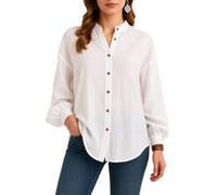 Women's Cotton Linen Long Sleeve Button Down Shirt Stand Collar Loose Fit Casual Boho Blouse Lightweight Breathable Summer Fall Tunic Top