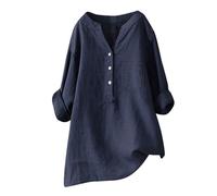 Women's Cotton Linen Shirts Solid Color Stand Up Collar Button Cotton Long Sleeved Shirt Blouse Dressy Blouse for Holiday Party C-140