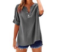 Women's Cotton Linen Short Sleeve Henley Shirt Casual V Neck Button Down Blouse Loose Fit Tunic Top for Summer Beach Vacation Daily Wear