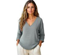 Women's Cotton Linen V Neck Long Sleeve Tops Plus Size Summer Beach Blouses Spring Fashion Casual Shirts in Multiple Colors