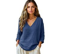 Women's Cotton Linen V Neck Long Sleeve Tops Plus Size Summer Beach Blouses Spring Fashion Casual Shirts in Multiple Colors