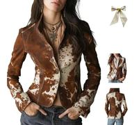 Womens Cow Print Blazer Jacket,Vintage Long Sleeve Single-Breasted Blazer,Stand-Up Collar Single-Breasted Cow Slim Fit Coat (FR/ES, Letras, XXL, Regular, Regular, B)