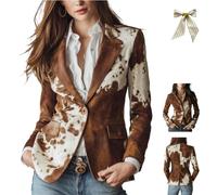 Womens Cow Print Blazer Jacket,Vintage Long Sleeve Single-Breasted Blazer,Stand-Up Collar Single-Breasted Cow Slim Fit Coat (FR/ES, Letras, S, Regular, Regular, A)