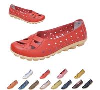 Womens Cowhide Leather Slip On Moccasins Shoes Flat Slipper Comfortable Leather Loafers Breathable Lightweight Round Toe Nurse Loafer Driving Walking Flat Work Shoes (Red,38)