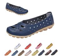 Womens Cowhide Leather Slip On Moccasins Shoes Flat Slipper Comfortable Leather Loafers Breathable Lightweight Round Toe Nurse Loafer Driving Walking Flat Work Shoes (Dark Blue,39)