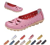 Womens Cowhide Leather Slip On Moccasins Shoes Flat Slipper Comfortable Leather Loafers Breathable Lightweight Round Toe Nurse Loafer Driving Walking Flat Work Shoes (Pink,38)