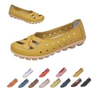 Womens Cowhide Leather Slip On Moccasins Shoes Flat Slipper Comfortable Leather Loafers Breathable Lightweight Round Toe Nurse Loafer Driving Walking Flat Work Shoes (Yellow,41)