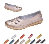 Womens Cowhide Leather Slip On Moccasins Shoes Flat Slipper Comfortable Leather Loafers Breathable Lightweight Round Toe Nurse Loafer Driving Walking Flat Work Shoes (Gold,37)