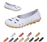 Womens Cowhide Leather Slip On Moccasins Shoes Flat Slipper Comfortable Leather Loafers Breathable Lightweight Round Toe Nurse Loafer Driving Walking Flat Work Shoes (White,36)