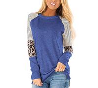 Women's Crew Neck Long Sleeve Leopard Print Color Block Casual Loose T-Shirt Tops Blouse (Blue,Small)