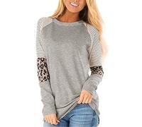 Women's Crew Neck Long Sleeve Leopard Print Color Block Casual Loose T-Shirt Tops Blouse (Gray,Small)