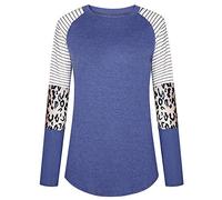 Women's Crew Neck Long Sleeve Leopard Print Color Block Casual Loose T-Shirt Tops Blouse (Navy Blue,Small)