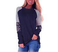 Women's Crew Neck Long Sleeve Leopard Print Color Block Casual Loose T-Shirt Tops Blouse (Navy,Large)