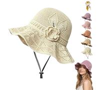 Women's Crochet Bucket Hat with Flower Accent,Foldable Wide Brim Breathable Sun Hat,Lightweight Elegant Woven Straw Hats (Beige)