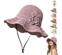Women's Crochet Bucket Hat with Flower Accent,Foldable Wide Brim Breathable Sun Hat,Lightweight Elegant Woven Straw Hats (Purple)