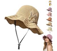 Women's Crochet Bucket Hat with Flower Accent,Foldable Wide Brim Breathable Sun Hat,Lightweight Elegant Woven Straw Hats (Khaki)