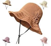 Women's Crochet Bucket Hat with Flower Accent, Wide Brim Beach Floppy, Lightweight Packable Sun Hat for Outdoor, Beach Travel Hiking (Caramel)