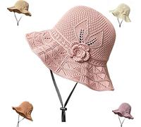 Women's Crochet Bucket Hat with Flower Accent, Wide Brim Beach Floppy, Lightweight Packable Sun Hat for Outdoor, Beach Travel Hiking (Pink)
