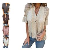 Women's Crochet Cardigan Summer Lightweight Hollow out Short Sleeve Hollow V Neck Button Down Open Front Loose Knit Sweater (Khaki,XL)