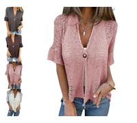Women's Crochet Cardigan Summer Lightweight Hollow out Short Sleeve Hollow V Neck Button Down Open Front Loose Knit Sweater (Pink,M)