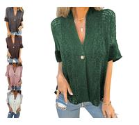 Women's Crochet Cardigan Summer Lightweight Hollow out Short Sleeve Hollow V Neck Button Down Open Front Loose Knit Sweater (Green,XXL)