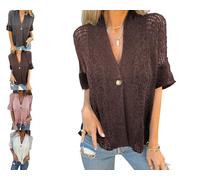 Women's Crochet Cardigan Summer Lightweight Hollow out Short Sleeve Hollow V Neck Button Down Open Front Loose Knit Sweater (Brown,3XL)