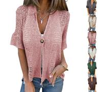 Women's Crochet Cardigan Summer Lightweight Hollow out Short Sleeve V Neck Button Down Open Front Loose Knit Sweater (Pink,XL)
