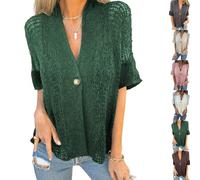 Women's Crochet Cardigan Summer Lightweight Hollow out Short Sleeve V Neck Button Down Open Front Loose Knit Sweater (Green,S)