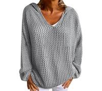 Womens Crochet Sweater Hollow out Hooded V-Neck Loose Beach Cover Up Pullover Top, Casual Knit Hoodie (Gray,M)