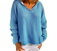 Womens Crochet Sweater Hollow out Hooded V-Neck Loose Beach Cover Up Pullover Top, Casual Knit Hoodie (Blue,M)