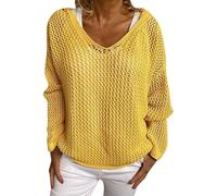Womens Crochet Sweater Hollow out Hooded V-Neck Loose Beach Cover Up Pullover Top, Casual Knit Hoodie (Yellow,L)