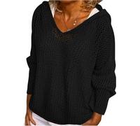 Womens Crochet Sweater Hollow out Hooded V-Neck Loose Beach Cover Up Pullover Top, Casual Knit Hoodie (Black,M)
