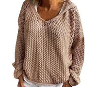 Womens Crochet Sweater Hollow out Hooded V-Neck Loose Beach Cover Up Pullover Top, Casual Knit Hoodie (Khaki,M)