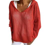 Womens Crochet Sweater Hollow out Hooded V-Neck Loose Beach Cover Up Pullover Top, Casual Knit Hoodie (Red,L)