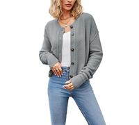 Womens Cropped Cardigan Sweater Crew Neck Button Front Textured Knit (Gray,S)