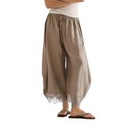 Womens Cropped Lace Hem Pants Lightweight Casual Drawstring Waist Summer Wide Leg Pants Beach Trousers with Pockets(Khaki,M)