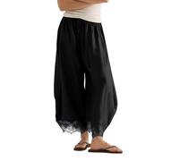 Womens Cropped Lace Hem Pants Lightweight Casual Drawstring Waist Summer Wide Leg Pants Beach Trousers with Pockets(Black,M)