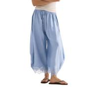 Womens Cropped Lace Hem Pants Lightweight Casual Drawstring Waist Summer Wide Leg Pants Beach Trousers with Pockets(Lightblue,S)