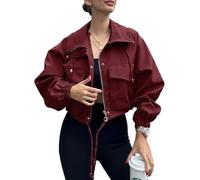 Womens Cropped Utility Jacket Zip Front Windbreaker with Drawstring Hem (Burgundy,L)