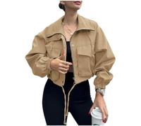 Womens Cropped Utility Jacket Zip Front Windbreaker with Drawstring Hem (Khaki,XXL)