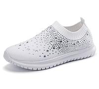Women's Crystal Breathable Orthopedic Slip on Walking Shoes Sparkly Sneakers, Womens Mesh Orthopedic Walking Shoes Slip Resistant Slip on Tennis Sock Sneakers (White,37)