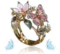 Women's Cute Enamel Fashion Shiny Flower Butterflys Open Pink Ring (C-Gold)