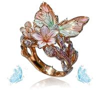 Women's Cute Enamel Fashion Shiny Flower Butterflys Open Pink Ring (D-Rose Gold)