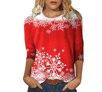 Womens Daily Christmas Print O Neck Tops Manga tres cuartos Cuello Redondo Camiseta Impreso Loose Side Split Blusa Túnica Top Corto Mujer, rojo, XL