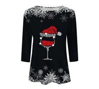 Womens Daily Christmas Print O Neck Tops Mangas tres cuartos Cuello Redondo Camiseta Impreso Loose Side Split Blusa Túnica Envolvente Top Mujer, Negro , XL