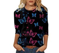 Womens Daily Print O Neck Tops Manga tres cuartos Cuello Redondo Camiseta Impreso Loose Side Split Blusa Túnica Mesa de Concreto, M, XXL