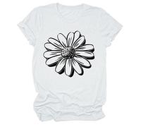 Womens Daily Spring Sunflower Print O Neck Tank Tops Short Sleeve Workout Shirts Casual Suelta Camisetas Top Amarillo, Blanco, L