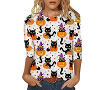 Womens Daily Summer Print Halloween O Neck Tops Manga Larga Cuello Redondo Camiseta Estampada Loose Side Split Blusa Túnica sin Espalda Top Mujer, Blanco, S