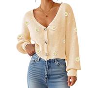 Womens Daisy Cardigan Cropped Knit Sweater with Crochet Flower Appliques (Apricot,S)